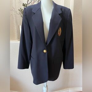 Navy Blue Wool Blazer Crested Vtg Casual Corner Womens 12 P Gold Button Lined